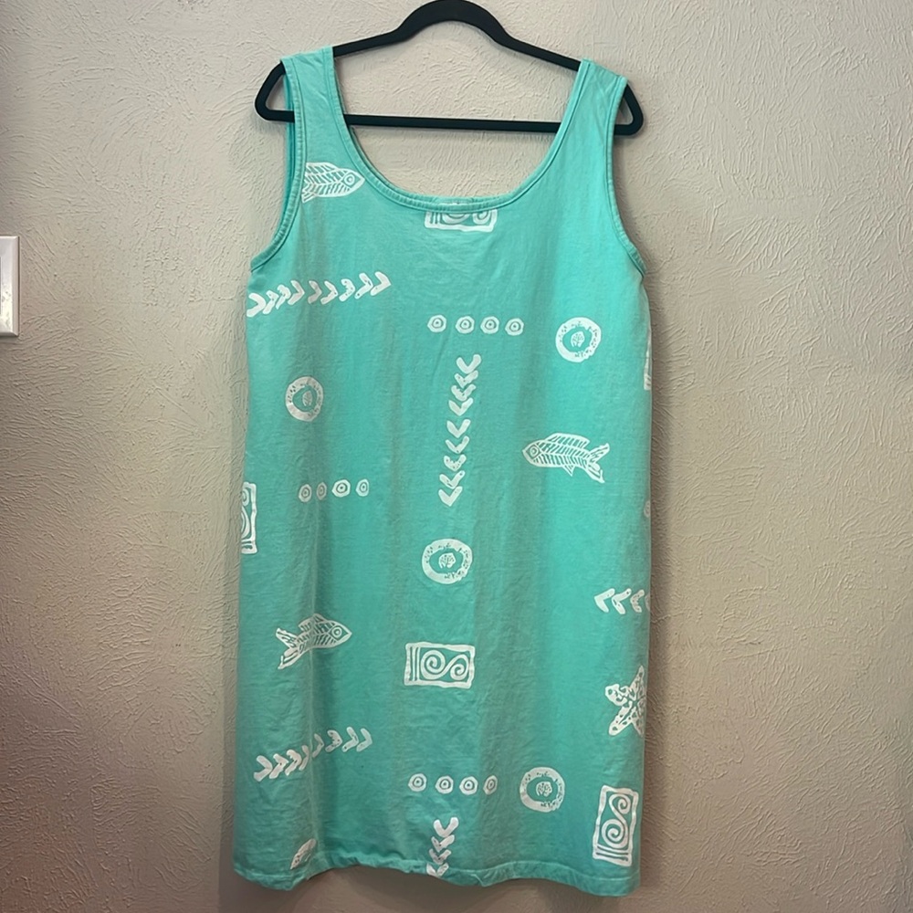 Baba Hawaiian. Teal blue. Tank style midi dress. Polynesian sea pattern. Size XL